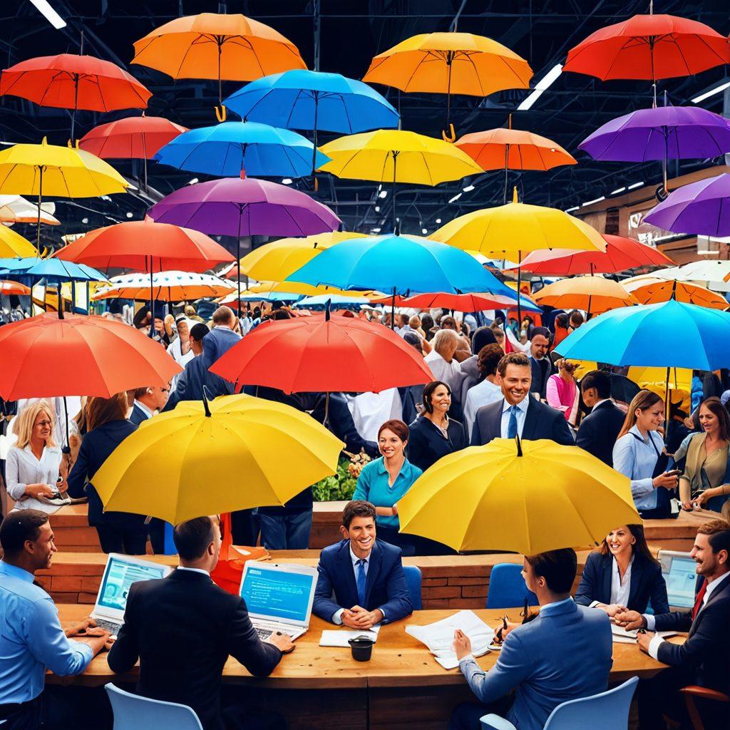 A vibrant marketplace setting filled with friendly insurance agents assisting diverse clients exploring various insurance options. Include a digital display with price comparisons and customizable policies visible. Incorporate symbols of security like umbrellas and shields around the scene. The atmosphere should be bright and inviting, suggesting a sense of trust and support. super-realistic. vibrant colors. 3D.