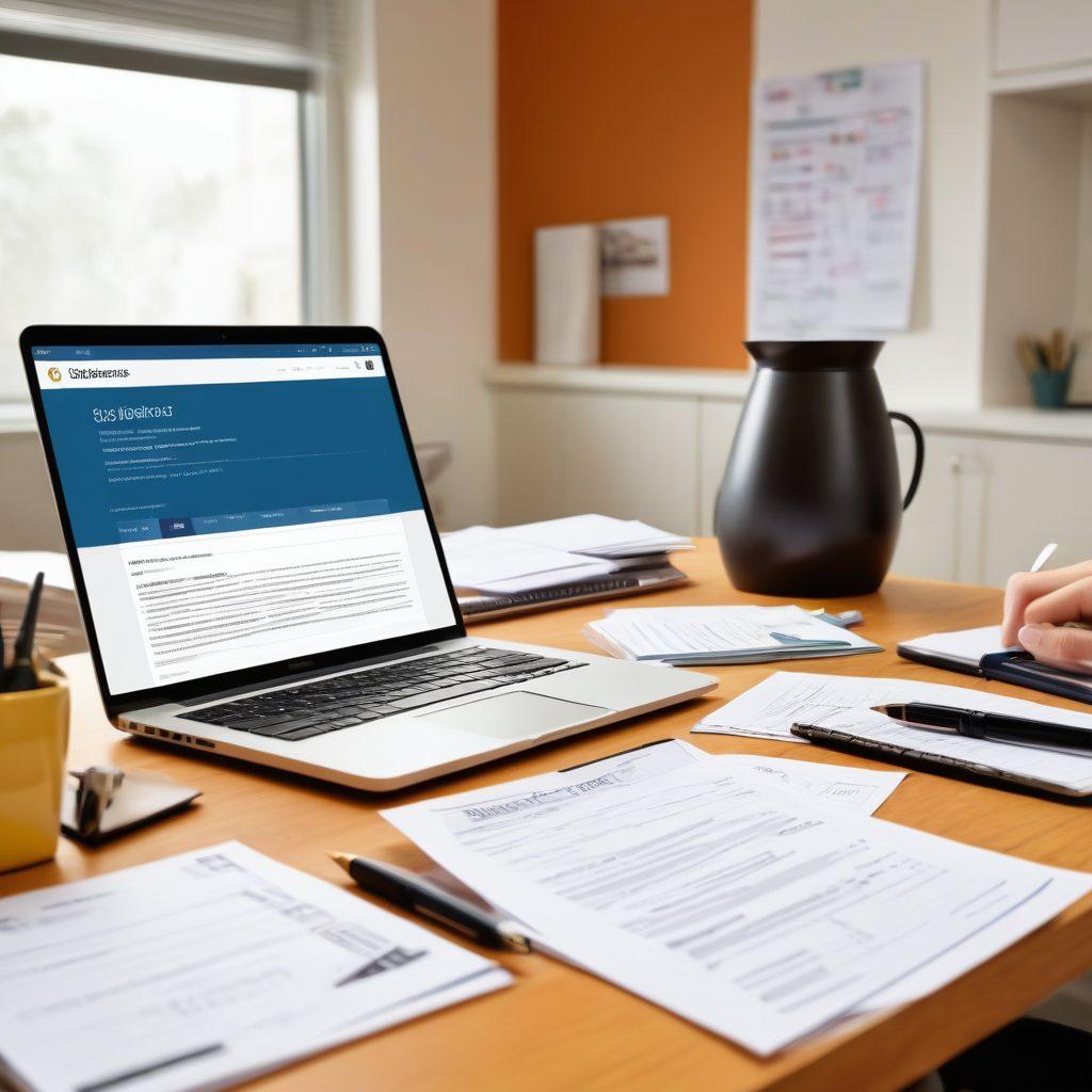 A person sitting at a desk with a laptop open, reviewing various online insurance policies displayed on the screen, surrounded by paperwork and a notepad filled with notes. Include visual elements like a shield symbolizing protection and a checklist indicating claims management. Incorporate a warm color palette for a calm and informative atmosphere. super-realistic. vibrant colors.