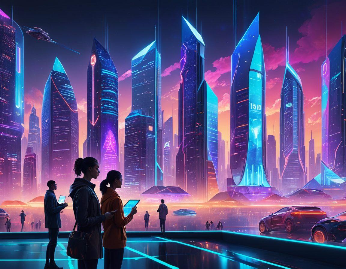 A futuristic city skyline with digital insurance symbols floating in the sky, such as shields and documents, signifying online coverage solutions. In the foreground, a diverse group of people, including a young entrepreneur and a family, interacting with holographic screens displaying insurance options. The atmosphere should be bright and optimistic, symbolizing progress and security. cyberpunk art style. vibrant colors.